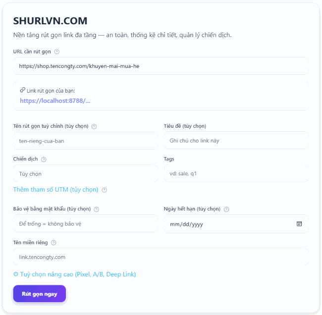 GIF hướng dẫn điền tên miền riêng khi tạo link rút gọn trên Shurlvn